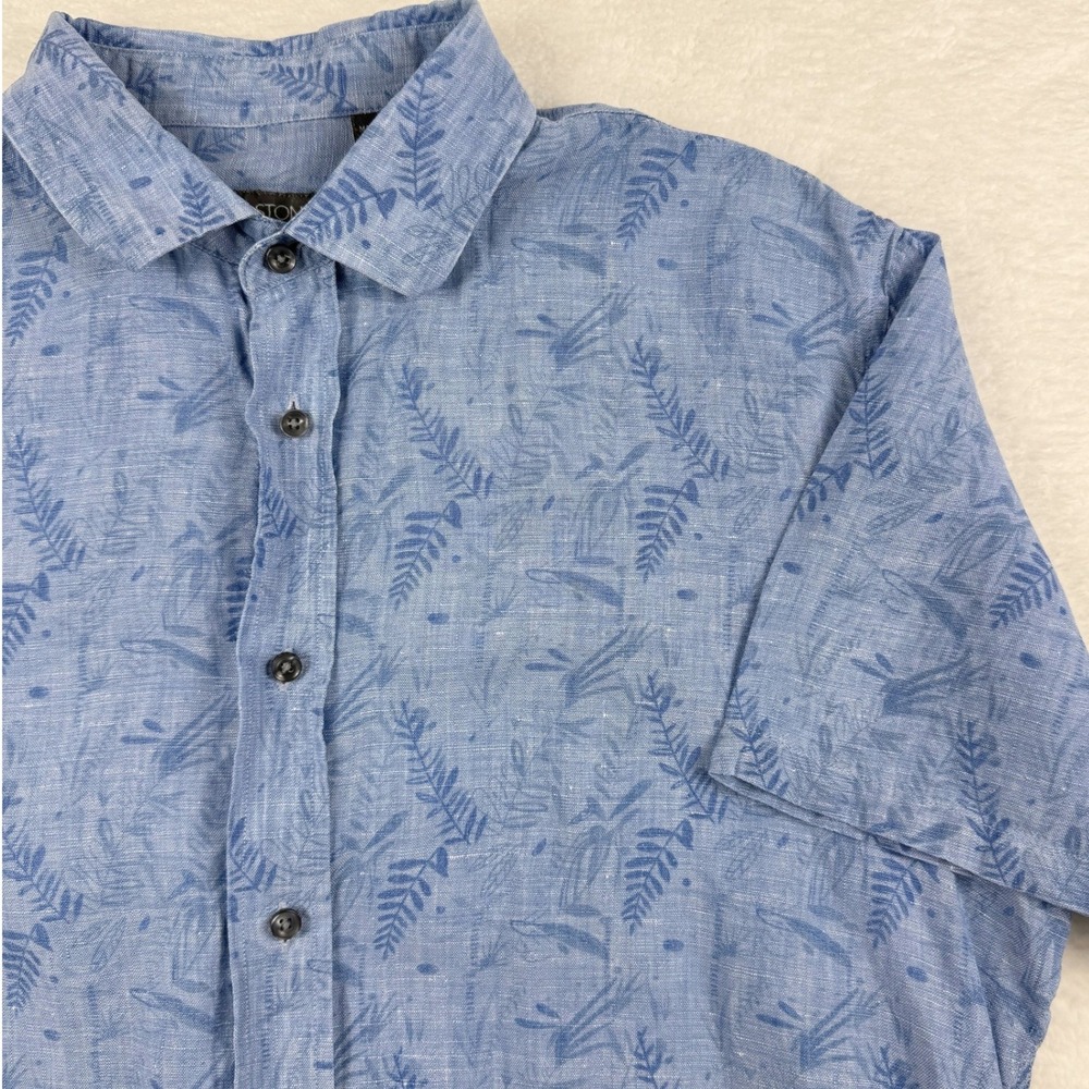 Slate & Stone Linen Fern Print Button‎ Up Shirt Mens Large Blue Tropical Coastal
